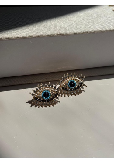 Göz Figürlü Nazar Boncuğu Detaylı Taşlı Küpe Altın Renk Kadın Çelik Takı Altın