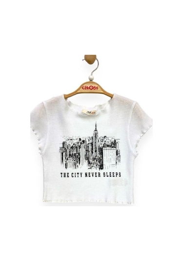 Çikoby Kız Çocuk The City Yazılı Crop-13749 Beyaz