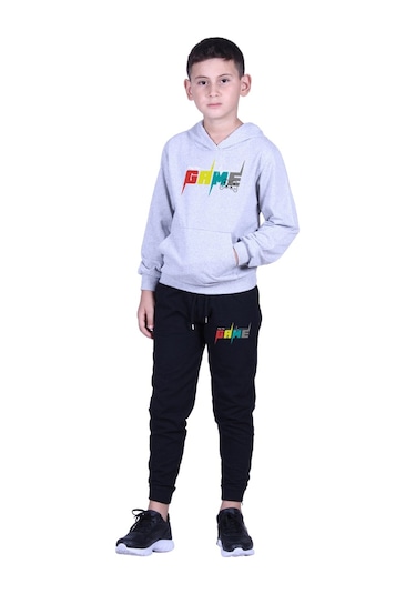 3'lü Erkek Çocuk Kapüşonlu Baskı Detaylı Eşofman Takımı Lacivert Füme Gri Siyah Siyah Füme