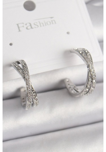 Pirinç Gümüş Renk Zirkon Taşlı Sarmal Halka Model Kadın Küpe Çok Renkli