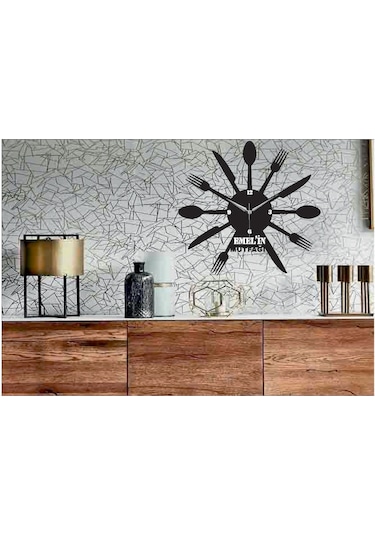 Kişiye Özel Mutfak Temalı Dekoratif Ahşap Duvar Saati Siyah