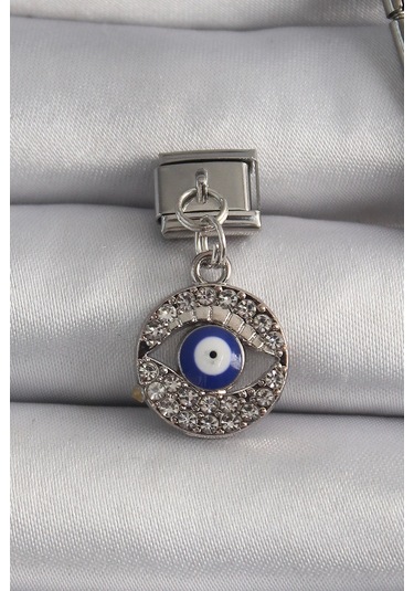 316l Çelik Gümüş Renk Sallantı Zirkon Taşlı Göz Model Nazar Boncuk Detay Nomination Charm Çok Renkli