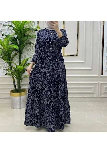 Kadın Puantiyeli Lacivert Renk Viskon Kumaş Ön Düğmeli Ayarlanabilir Kuşaklı Tesettür Elbise Lacivert