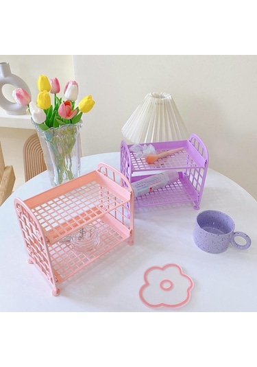 Mor Kawaii Çift Katmanlı Depolama Rafı Masaüstü Katlanır Makyaj Kutusu Raf Raf Kozmetik Depolama Bitirme Yurdu Banyo Mor