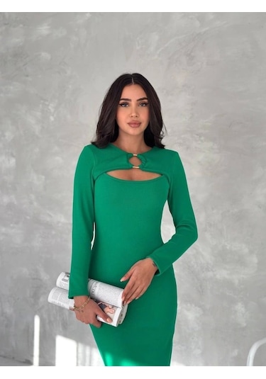 Kadın Uzun Kollu Halka Ve Pencere Dekolte Detay Fırsat Ürün Midi Boy Elbise Yeşil