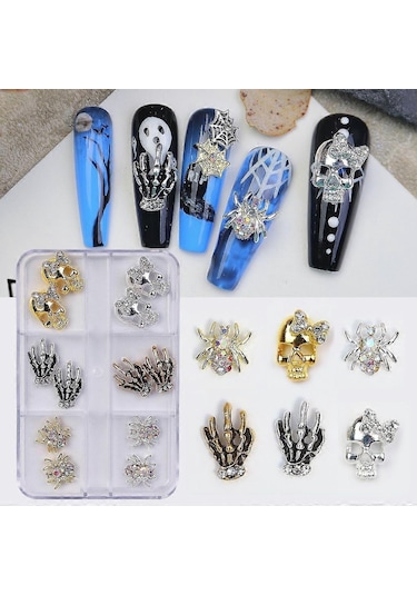 3d Cadılar Bayramı Tırnak Sanatı Takıları Kafatası Örümcek Ve Yapay Elmas Alaşımlı Tırnak Takıları