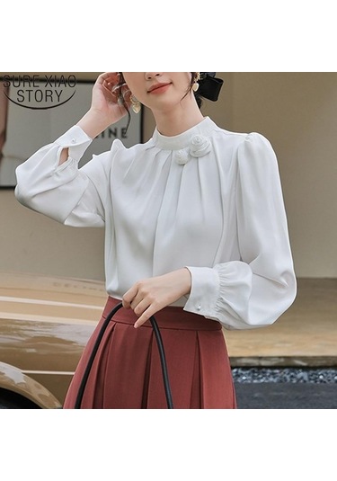 Zarif Ofis Kadın Çiçek Dekorasyon Saten Bluz Şifon Gömlek Kadın Üstleri Sonbahar Standı Yaka Uzun Kollu Elbise 23174 Beyaz