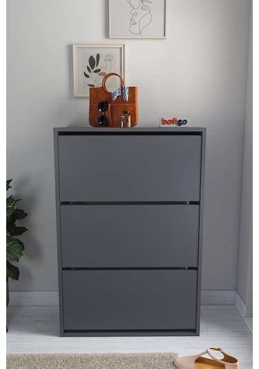 Bofigo Düşer Kapak Ayakkabılık Kayar Raflı Ayakkabılık 3 Bölmeli Ayakkabılık Melek Antrasit