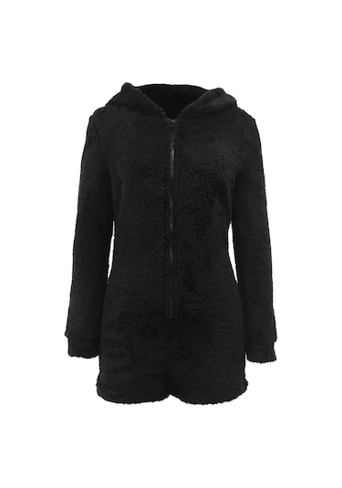 Munn Collection Kadın Uzun Kollu Kapişon Ve Fermuar Detaylı Peluş Şort Tulum Siyah