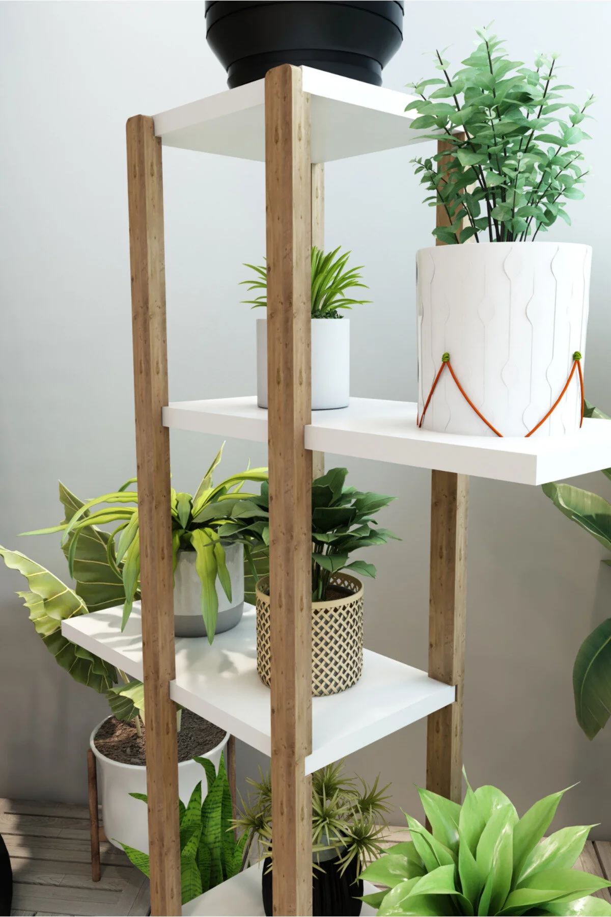 Lotus Ahşap 5 Katlı Çiçeklik, Saksılık, Çiçek Standı, Dekoratif Raf / Çok Amaçlı Kullanım Beyaz