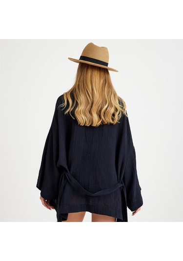 Pamuklu Dokuma Beli Kuşaklı Mini Kadın Kimono Kaftan - Standart Siyah