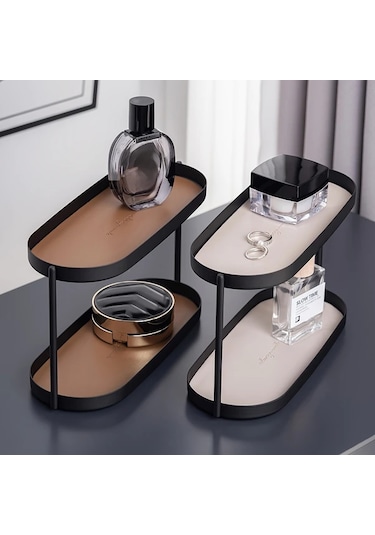 Maxaccess Büyük Boy Kahverengi 2 Katlı Deri Ve Metal Saklama Rafı - Banyo, Yatak Odası Kahverengi