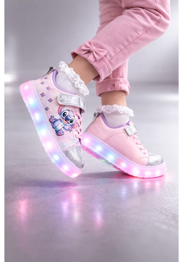 Kız Çocuk Desenli Işıklı Led Tabanlı Simli Cırt Cırtlı Sneaker Mavi