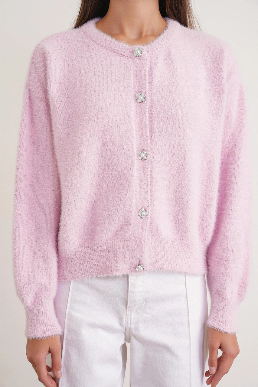 6902 Kadın Sakallı Basic Yumuşak Dokulu Triko Hırka Pembe Pembe