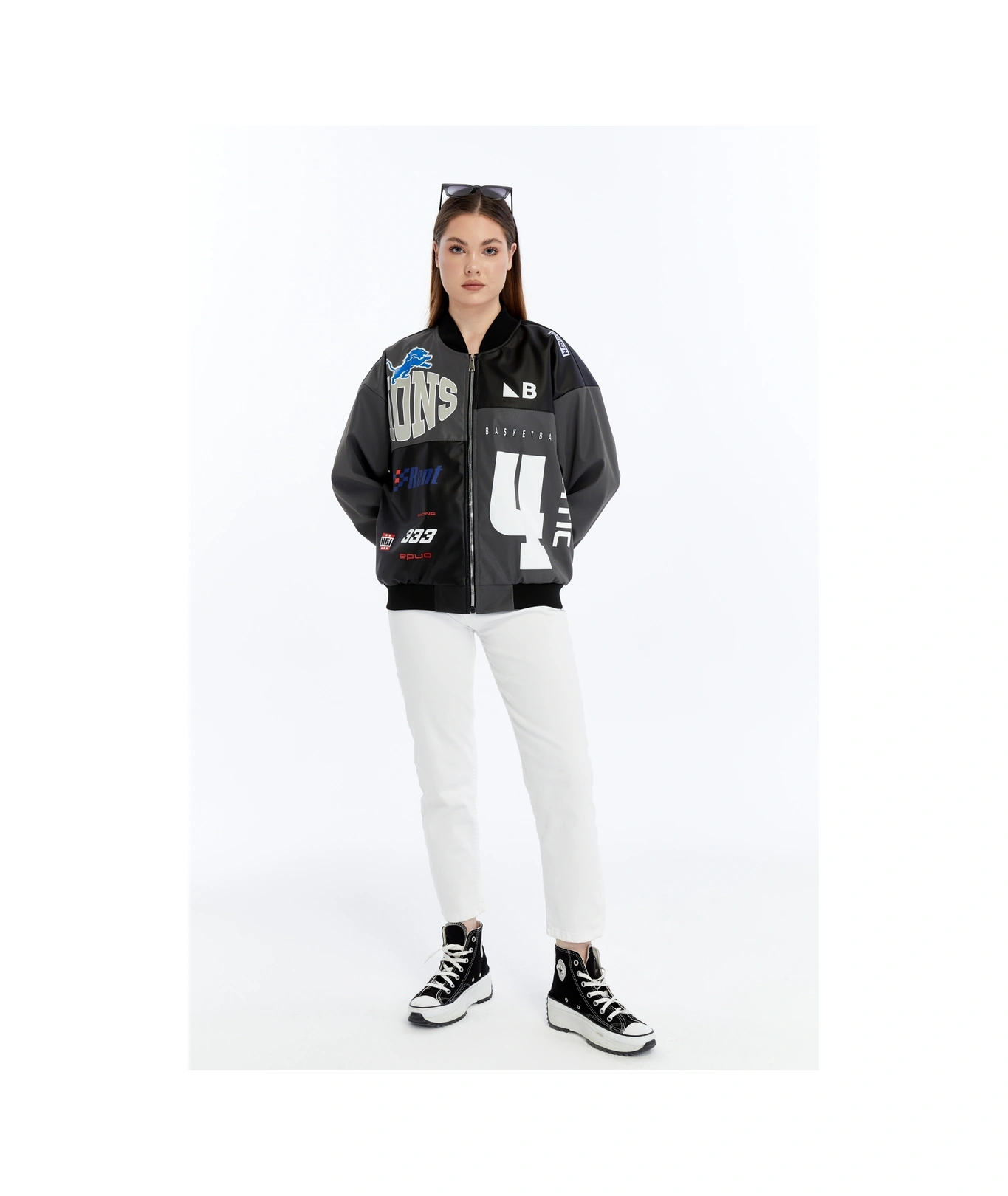 Kadın Oversize Baskılı Deri Motorcu Montu Fermuarlı Yarışçı Ceket Astarlı Bomber Kolej Mont Antrasit