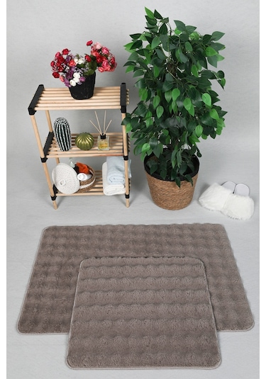 Modern Bubble Yıkanabilir Kaymaz Peluş Banyo Paspası Halısı 2'li Klozet Takımı 50x80-50x40cm Vizon