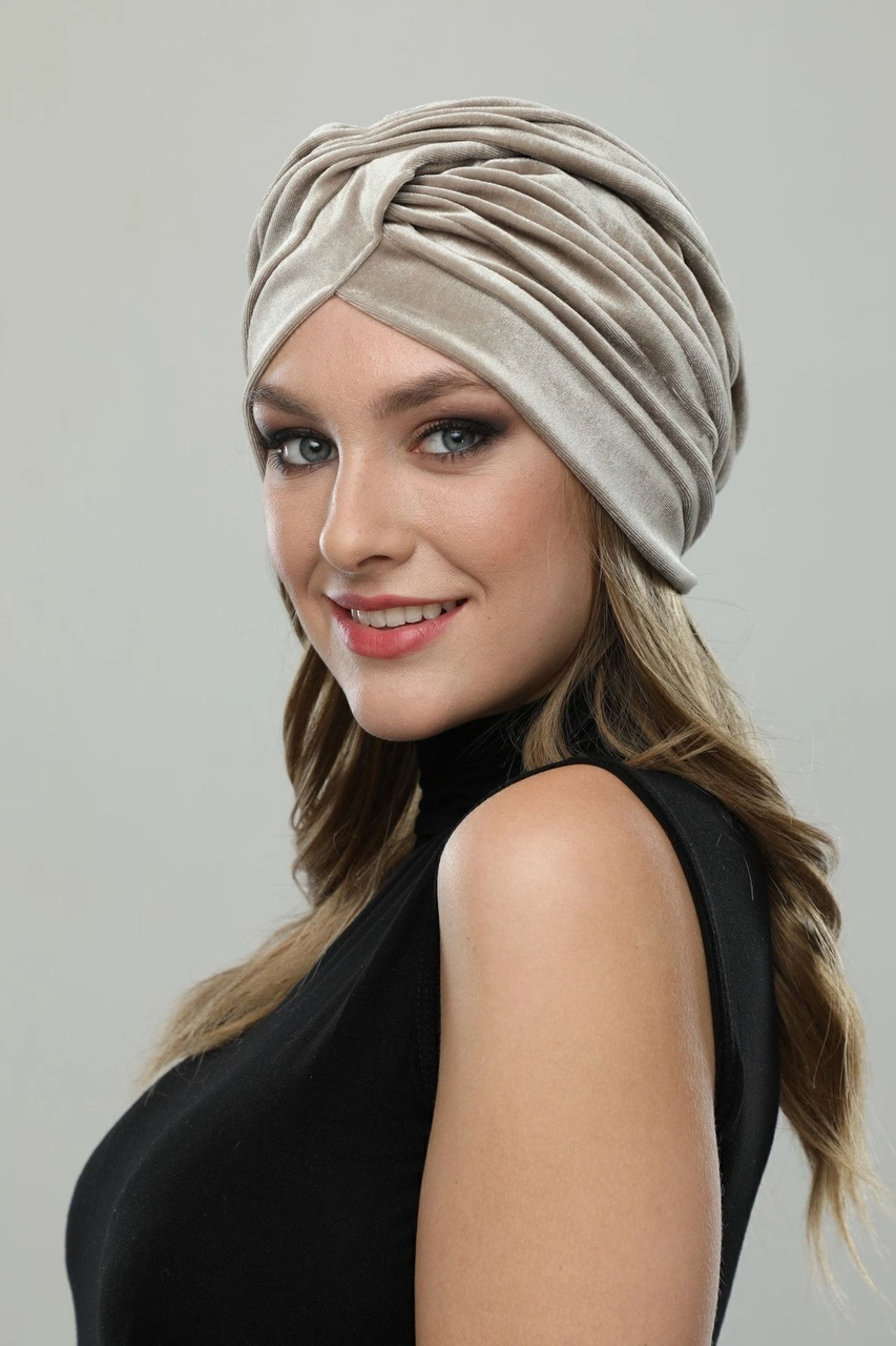 Kadife Çapraz Bej Hazır Türban Tesettür Bone Bej