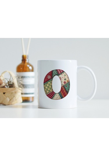 O Harfi Yılbaşı Temalı Kupa Bardak - Yeni Yıl Konsept Yamalı Efekt Tasarım - Noel Hediye Beyaz