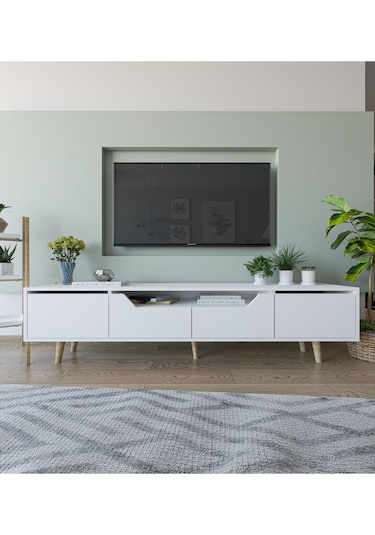 Roma Ahşap Ayaklı Tv Ünitesi Tv Sehpası Beyaz