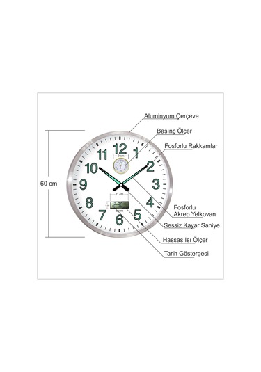 Basınç Isı Sıcaklık Ölçerli Tarih Göstergeli Fosforlu Duvar Saati Gümüş - Beyaz