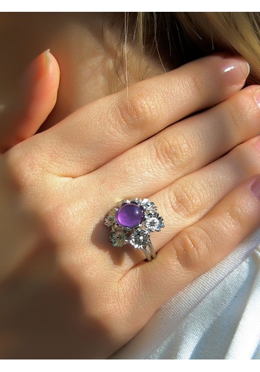 Esha Store Doğal Taş Ametist Doğal Taşlı Çiçek Model Telkari Kadın Ayarlanabilir Gümüş Kaplama Yüzük Euy61amtr MOR