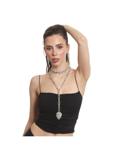 Labalaba Kadın Antik Gümüş Kaplama 2' Li Yaprak Uçlu Tasarım Kolye& Choker Gümüş