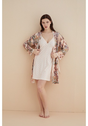 Kutulu Zen Örme Sabahlıklı Gecelik Takım - Çeyizlik Somon