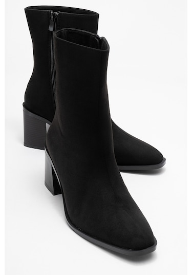 Chara Siyah Süet Kadın Kalın Topuklu Bot Siyah Süet