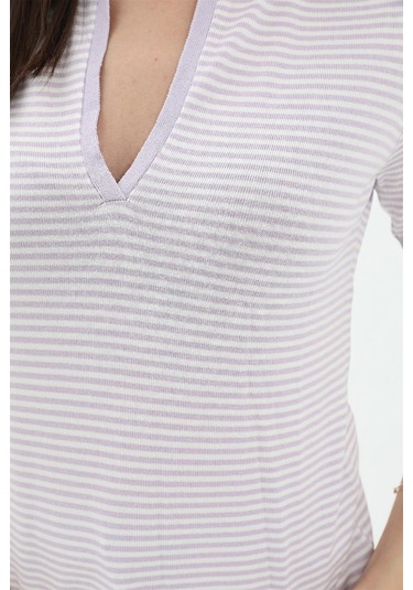 İnce Çizgili Polo Yaka Triko Kazak - Lila - Kadın Lila