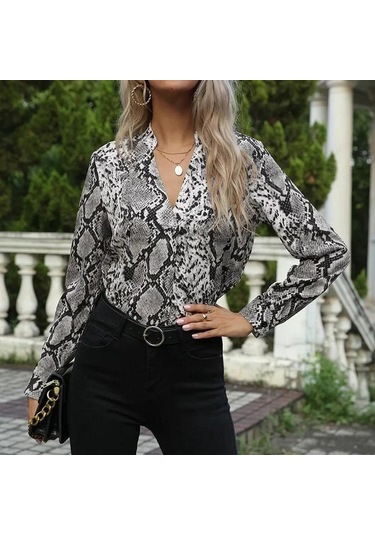 Baskı Yılan Vintage Kadın Uzun Kollu Gömlek İlkbahar Ve Sonbahar Moda Rahat Kadın Bluz Ofis V Yaka Kadın Gömlekleri Üst Giyim 22096 Gri