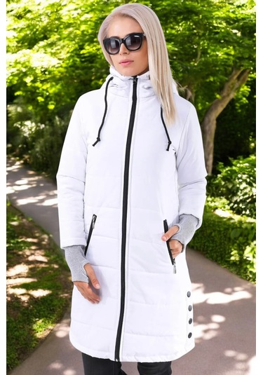 Kışlık Eldiven Detaytlı Kapüşonlu Uzun Şişme Kadın Mont Beyaz