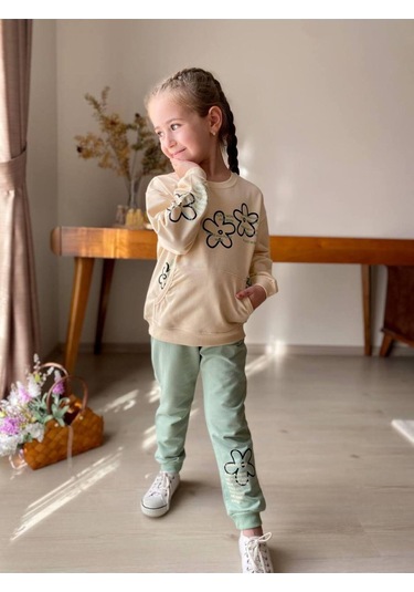 Çiçekli Kanguru Cepli Kız Çocuk 2'li Takım Yeşil