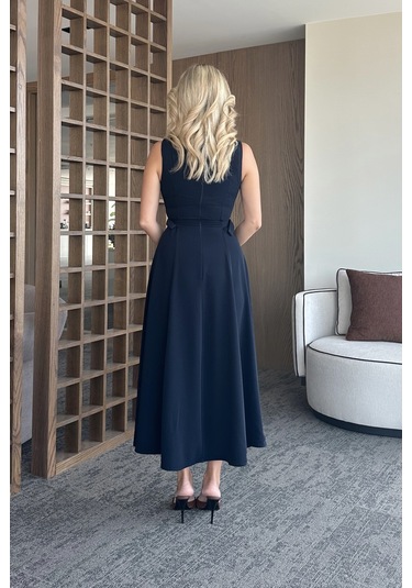 Lacivert Bel Kemer Detaylı Elbise Lacivert