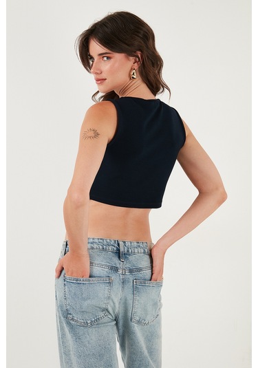 Lela Slim Fit Kalp Yaka Düğmeli Kalın Askılı Crop Bayan Yelek 5865497 Lacivert