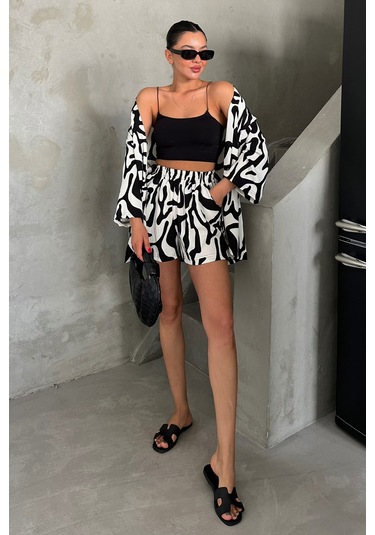 Modagen Kadın Zebra Desenli Kimono Şort Alt Üst Takım Siyah Beyaz