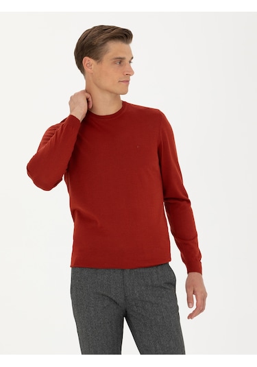 Cacharel Koyu Kiremit Slim Fit Bisiklet Yaka Triko Kazak Kırmızı