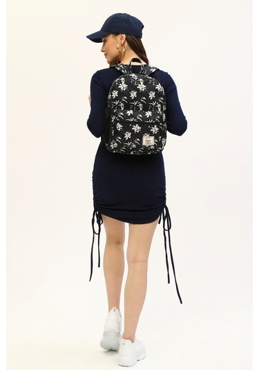 Icone Siyah Çiçek Baskılı Sırt Çantası Siyah