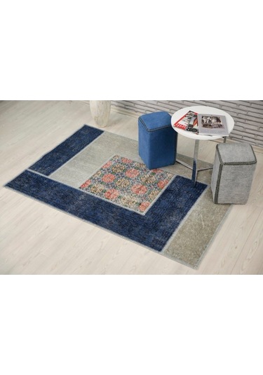 Patchwork El Dokuma Antik Anadolu Halısı Blue Window Mavi