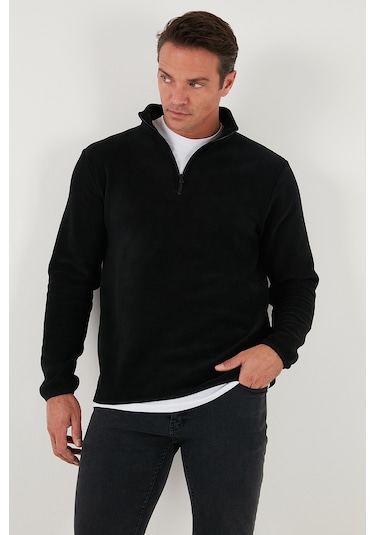 Buratti Slim Fit Yarım Fermuarlı Dik Yaka Erkek Polar 5906003 Siyah