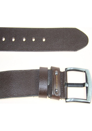 Hakiki Deri Erkek Metal Detaylı Dikişli Kot Kemeri 4,5 Cm Kahverengi