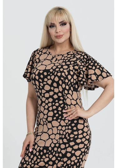 Kadın Siyah Vizon Taş Desenli Kelebek Kol Kuplu Büyük Beden Elbise-siyah Siyah