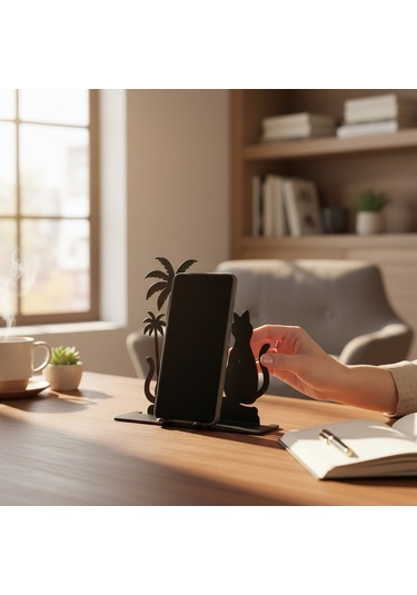 Palmiye Ve Kedi Figürlü Metal Dekor Masaüstü Silüet Obje