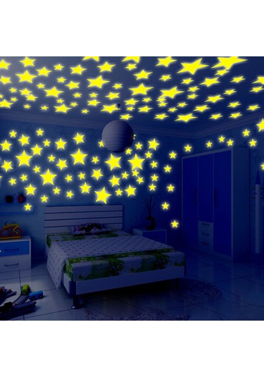 Xiyyadms 100 Adet Parlayan Gece Yıldızı Çıkartması - Çocuk Odası Dekoru İçin Işıkla Şarj Olan Yapışkan Yıldızlar Mavi