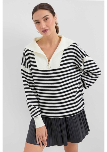 Gabria Fermuarlı Çizgili Kazak Ekru