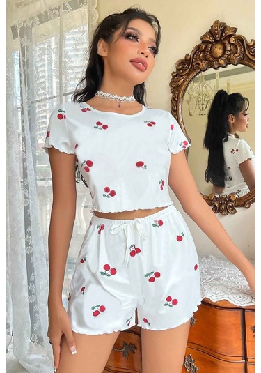 Merry See Örme Yumuşak Kısa Kol Kiraz Basklı Sortlu Pijama Takımı 001