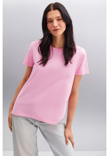 Samantha Kadın %100 Organik Pamuklu Comfort Fit Arkası Uzun Basic Örme Pembe T-shirt