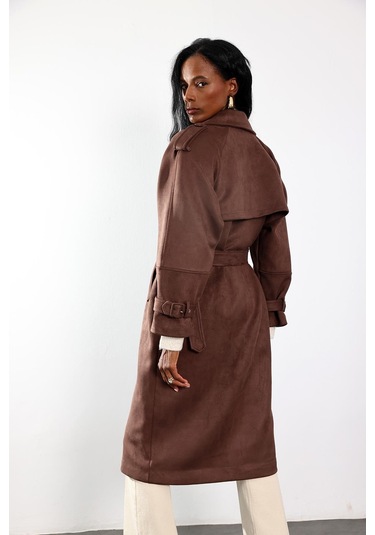 Kahverengi Kruvaze Yaka Süet Kaban 9608 Kahverengi