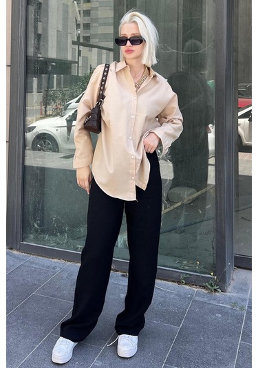 Madmext Mad Girls Bej Oversize Gömlek Mg1369-bej Bej