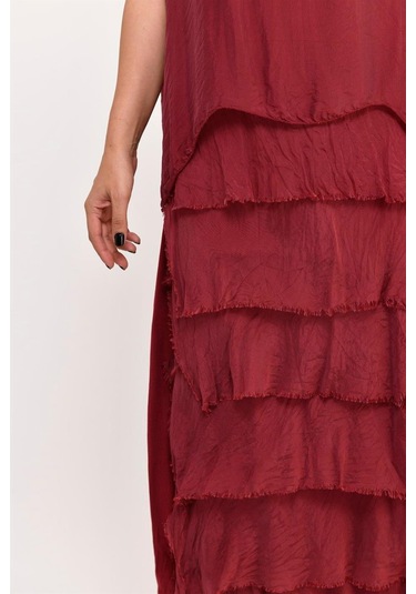 İtalyan 2 Beden İnce Gösteren Yarım Kol Kat Kat Ipek Elbise Bordo