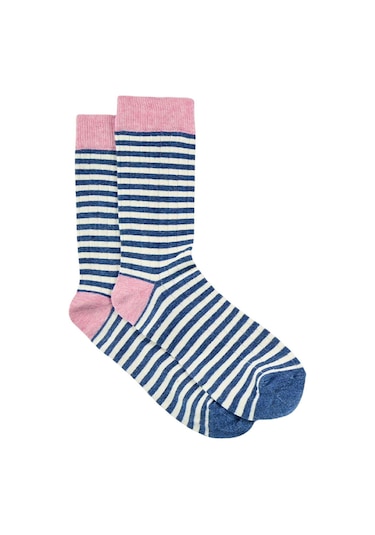 Kadın Krem-mavi Çizgili Soket Çorap Mavi